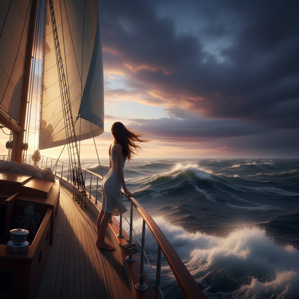 Woman with long brown hair standing at the bow of a large sailboat, looking into the distance